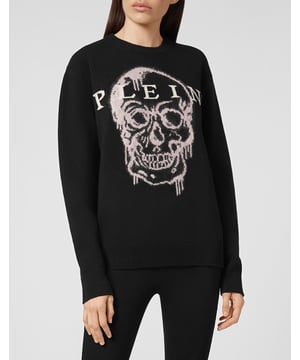 Oversize trui van merinoswol met crewneck en iconische mohair Skull-inlay. Jacquard geweven merkbelettering. Ribgebreide zomen.