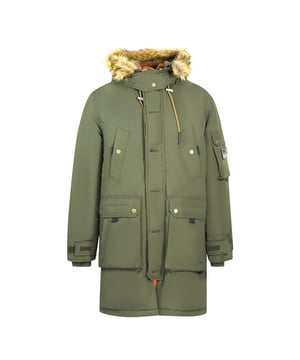 Diesel W-Colby-21 Grüner Parka mit Kapuze. Diesel langen grünen gepolsterten Mantel. Zentraler Reißverschluss mit Knopfdruckabdeckung, Fronttaschen. Fellkapuze, Kordelzug, normale Passform. Material: 57% Baumwolle, 43% Polyamid, Füllung: 100% Polyester. Stil - W-Colby-21 A02994-0IDAP-5FX