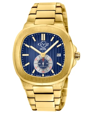 GV2 18302B Men's Potente Swiss Automatic Watch
GV2 Men's Swiss Automatic watch from the Potente Collection
40mm 316L Stainless Steel IPYG case , Blue Pin Cushioned textured dial, Second Hand Sub dial
Push Pull Crown, Date at 3 O’clock
Luminous hands and hour markers
IPYG Bracelet with folding Deployment Buckle
Anti-reflective Sapphire Crystal
Water Resistant to 50 Meters/5ATM
Swiss Automatic Movement, ETA 2895