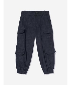 Fendi embody high quality craftsmanship designs with refined elegance. These boys navy blue FF all-over trousers amplify the luxury Italian label's preference for casual designs. Crafted in dark cotton jacquard via a cargo style and all-over tone-on-tone FF logo patterning. Complete with Fendi Roma embroidery, he will emanate utilitarian elegance.  Made In Italy 100% Cotton Embroidery: 100% Polyester