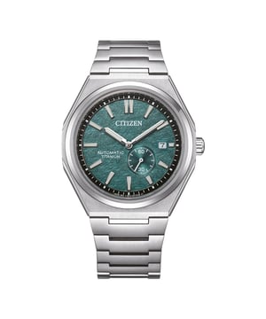 This Citizen  Analogue Watch for Men is the perfect timepiece to wear or to gift. It's Silver 41 mm Round case combined with the comfortable Silver Titanium watch band will ensure you enjoy this stunning timepiece without any compromise. Operated by a high quality Automatic movement and water resistant to 10 bars, your watch will keep ticking. This watch has an automatic watch movement ( recharged by any movement with your wrist; never needs a battery)  This Analogue watch has a calendar function: Date , Luminous Hands and Luminous Numbers High quality 21 cm length and 23 mm width Silver Titanium strap with a Fold over with push button clasp Case diameter: 41 mm,case thickness: 11 mm, case colour: Silver and dial colour: Green