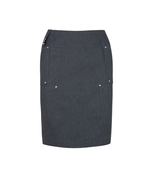 Deze kokerrok is gemaakt van donkergrijze denimstof. Hij heeft strass- en naaddetails aan de voorkant. De rok heeft een split aan de achterkant en is gevoerd.