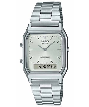 This Casio Casio Collection Vintage Analogue-Digital Watch for Unisex is the perfect timepiece to wear or to gift. It's Silver  Rectangular case combined with the comfortable Silver Stainless steel watch band will ensure you enjoy this stunning timepiece without any compromise. Operated by a high quality Quartz movement and water resistant to 3 bars, your watch will keep ticking. Charmingly classic, trendily colorful. This Analogue-Digital watch has a calendar function: Day-Date , Stop Watch , Alarm and Dual Time High quality 20 cm length and 20 mm width Silver Stainless steell strap with a Folding Clasp Case measurement: 20 X 20 mm,case thickness: 8 mm, case colour: Silver and dial colour: Silver