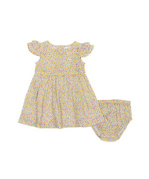 100% organic cotton | Proud to be certified to the Global Organic Textile Standard (GOTS) | Little bud all-over print | Double layer muslin fabric | Dress with matching pants | Zip opening with zip guard | Fluttery cap sleeves | Round neck | Made in India | Machine washable at 40 degrees, or at 30 degrees to be kinder to the planet