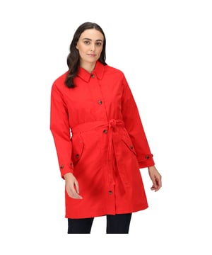 Waterproof and breathable Isotex 5000 coated polyester fabric. Breathability rating 5,000g/m2/24hrs. Taped seams. Durable water repellent finish. 100% polyester velvet like fleece lining. 100% polyester taffeta lined sleeves. Hidden hood with adjusters. Branded button front fastening. Back yoke detail. Tie belt at waist. 2 Lower pockets with flaps and branded button fastening. Adjustable cuffs. Back vent detail.