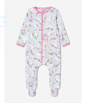Magnolia Baby incorporate fine detailing and impeccable construction into their beautiful aesthetics. This baby girls babygrow is reflective of the label's passion for geometric abstracts. Crafted in beautiful unicorn patterning with a pink trim and footsies.   100% Pima Cotton  Press-Stud Fastenings