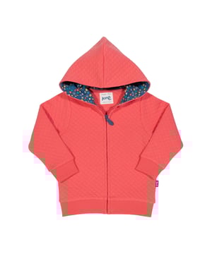 NEW! Our fabulous fossil hoody in coral pink is rather special, it uses our brand new soft and sculptured fossil fabric which provides a fab quilted effect. Enclosed in a layer of polyester fibres inside an organic cotton 'sandwich' it creates a lightweight yet warm layer, perfect for cooler days.
