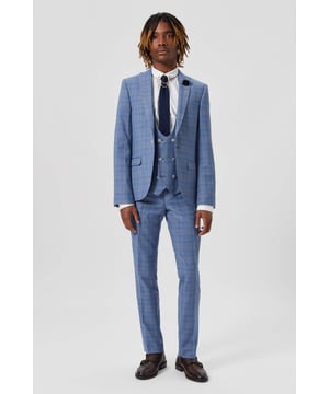 Brighten up your blue suit rotation with the Breamore three piece suit from Twisted Tailor, this wool blend suit is ideal for your formal events through the season. The classic Prince of Wales check has been given a modern spin in true Twisted Tailor fashion. These skinny fit, flat front trousers feature slanted front pockets and rear pockets with TT's iconic lime green stitching on the button holes. Wear this stunning three piece suit to the races, winter weddings or your upcoming formal dos - pair with the white Roslin from Shelby &amp; Sons &amp; a knitted tie for a classic look done TT style.