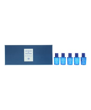 Acqua Di Parma Blu Mediterraneo Mirto Di Panarea Minature 5 Piece Gift Set contains 5 Blu Mediterraneo fragrances: Arancia di Capri, Bergamotto di Calabria, Fico di Amalfi, Mirto di Panarea and Mandorlo di Sicilia. Arancia di Capri caputres the signature scents of orange mandarin and lemon of Capri. At its heart petit grain notes merge with intense cardamom aroma while the base of this fragrance is rounded off with a light touch of caramello and sensual notes of musk. Bergamotto di Calabria celebrates the majestic Calabria and its golden Bergamot fruit. At the heart of this fragrance are notes of red ginger and cedar wood bring a calming note while the base notes are a unique combination of vetiver benzoin and musk. Fico di Amalfi is a revitalising scent. This fragrance contains fruity notes of bergamot, lemon, grapefruit and cedar wood. Middle notes of this fragrance are pink pepper scents and jasmine petals accords with base notes of fig cedar wood and benzoin. Mirto di Panarea brings a sense of renewal with bright and sparkling fruity notes of lemon and bergamot citrus accents that create an uplifting fragrance. At the heart sea breeze accents come together with notes of jasmine and rose with base notes of juniper cedar wood and amber notes. Mandorlo di Sicilia is a caressing fragrance that evokes the sweet memories of a Sicilian way of life with top notes of star anise bergamot and orange. Middle notes of this fragrance are green almonds and ylang-ylang while the base notes are cedar wood vanilla and white musk notes.