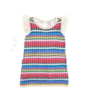 Este encantador vestido de punto para niñas combina estilo y comodidad con su tejido de crochet y forro interno que asegura total cobertura.

Cuenta con un cuello redondo clásico y delicadas mangas con volantes de encaje, añadiendo un toque femenino y sofisticado.

Su diseño de rayas horizontales le da un aire alegre y moderno, perfecto para cualquier ocasión.

Con un ajuste cómodo y una longitud ideal, este vestido es una prenda versátil que garantiza frescura y estilo en cada momento.
 Composición: 100% Algodón
 Cuidados:
- Lavar a máquina máx. 30ºC.
- Utilizar colores similares en el lavado.
- Evitar el uso de blanqueadores.
- Secar a baja temperatura.
- Planchar a baja temperatura.
- No lavar en seco.