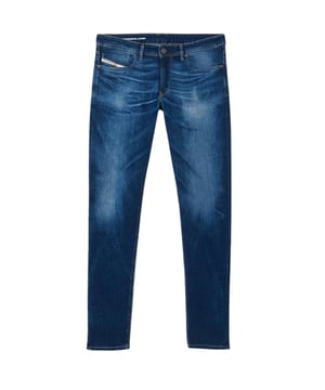 Pantalones vaqueros azules de Diesel, bragueta de botones, 84% algodon, 15% elastomultiester, 1% elastano-spandex, corte ceñido, marca Diesel
