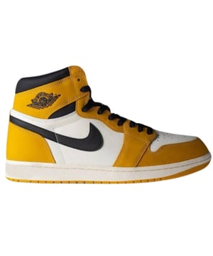 Retro-High-Tops, gelbe Schuhe, gelbe Nike-High-Tops, 100 % Leder, Air Jordans, Schnurverschluss, High-Tops, Markenlogo an Seite und Vorderseite des Schuhs, Farbblock, Gelb/Weiss/Schwarz