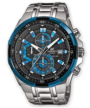 This Casio Edifice Chronograph Watch for Men is the perfect timepiece to wear or to gift. It's Silver 50 mm Round case combined with the comfortable Silver Stainless steel watch band will ensure you enjoy this stunning timepiece without any compromise. Operated by a high quality Quartz movement and water resistant to 10 bars, your watch will keep ticking. This watch has an extended battery of up to 10 years. This Casio is the ideal watch to accompany you wherever you go. -The watch has a calendar function: Date, Stop Watch, Luminous Hands High quality 21 cm length and 23 mm width Silver Stainless steel strap with a Fold over with push button clasp Case diameter: 50 mm, case thickness: 12 mm, case colour: Silver and dial colour: Blue