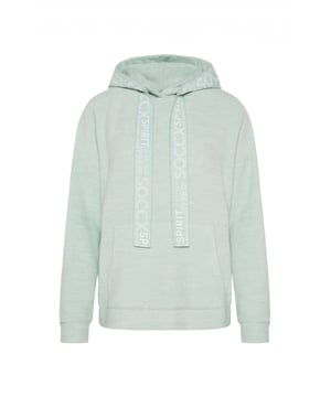 Deze fleece gebreide hoodie voor dames is de perfecte metgezel voor koelere dagen. Het is gemaakt van knuffelig zacht materiaal dat prettig aanvoelt op de huid en je een goed gevoel geeft. Terwijl de trui recht is gezoomd, zijn de mouwen afgewerkt met manchetten. De overgesneden schouders geven de trui een casual uitstraling. In de kangoeroezak kun je kleine spullen opbergen of je handen warmen. De brede, tonale labeltape op de rand van de capuchon zorgt voor een modieus accent en rondt het ontwerp van de hoodie af.
