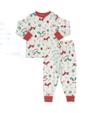 New! This super cute two piece pyjama set for littlies is a great option for babies and toddlers. In our lovely rocking horse print with red trim these super soft pjs are sure to be loved.