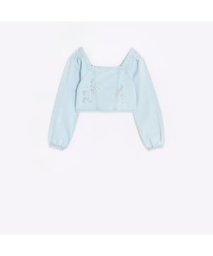 Embellished, Denim, Long sleeve, Corset style, Ruched back, Square neck, Cropped