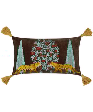 Transform your living space with the Aritra Embroidered Velvet Cushion, where elegance meets the wild in a lush tapestry of leopards and foliage. Crafted on a soft velvet base, this cushion invites you to explore the beauty of nature from the comfort of your home. The intricate embroidery mirrors the exotic allure of the jungle, capturing its majesty with each stitch. Tassel corner trims add a playful touch, perfectly balancing sophistication with exuberance. Ideal for those who cherish both nature and design, the Aritra cushion is a striking addition to any maximalist's collection, promising to enchant and inspire.