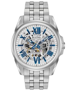 This Bulova Classic Automatic Analogue Watch for Men is the perfect timepiece to wear or to gift. It's Silver 43 mm Round case combined with the comfortable Silver Stainless steel watch band will ensure you enjoy this stunning timepiece without any compromise. Operated by a high quality Automatic movement and water resistant to 10 bars, your watch will keep ticking. Stylish- Sporty and a modern design, with its silver and blue skeleton dial is very suitable for men -The watch has a function: Luminous Hand High quality 21 cm length, 20 mm wide Silver Stainless steel strap with a Deployment clasp Case diameter: 43 mm, Case height: 12 mm and Case color: Silver Dial color: Silver