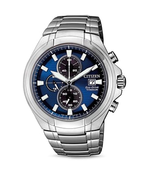 This Citizen  Chronograph Watch for Men is the perfect timepiece to wear or to gift. It's Silver 41 mm Round case combined with the comfortable Silver Titanium watch band will ensure you enjoy this stunning timepiece without any compromise. Operated by a high quality Eco-Drive movement and water resistant to 10 bars, your watch will keep ticking. This Eco-Drive watches recharges itself in any kind of light, to run forever. This Eco-Drive watch does not require any battery replacement, charging or winding to maintain constant operation. -The watch has a calendar function: Date, Stop Watch, Luminous Hands, Luminous Numbers, 24-hour Display High quality 21 cm length, 24 mm wide, Silver Titanium strap with a Fold over with push button clasp Case diameter: 41 mm, Case height: 11 mm and Case color: Silver Dial color: Blue