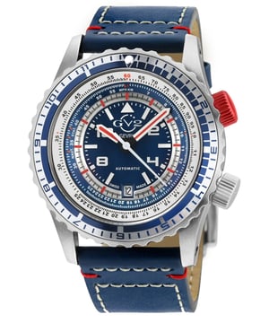This collection provides watch aficionados and sports enthusiasts with an unprecedented variety of ways to measure and calculate the time. This big, bold 43mm three-hand configuration features a dramatic multi-scale dial with two rotating bezels that 
a variety of calculations that would be next to impossible with a conventional timepiece.   A Unidirectional outer bezel is marked with both 24-hour and 60-minute scales. Additionally, there is an inner rotating chapter ring marked with a 60-second scale and controlled by a second setting crown at 2. The rotating rings can be operated separately or together for a variety of results.

GV2 3507S Men's Contasecondi Automatic Watch

GV2 Men's Automatic Watch from the Contasecondi Collection
43mm Round Silver Case with unidirectional bezel, Blue dial
Red Crown at 2H turns inner ring - 60-second counter, Date at 6H, luminous Hands
Exhibition Case Back
Handmade Blue Italian Leather Straps-Sports White Stitching With Tang Buckle

Anti-reflective Sapphire Crystal
Water Resistant to 50 Meters/5ATM
Swiss Made Automatic, Sellita SW200-1 Movement
