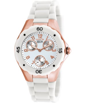 De Invicta 18798 heeft een roestvrijstalen horlogekast van 38 millimeter met een witte wijzerplaat.
Dit model wordt aangedreven door een accuraat Quartz uurwerk.
3 bar waterdicht.
Dit model is onderdeel van de Invicta Angel collectie.

Inclusief 2 jaar garantie.