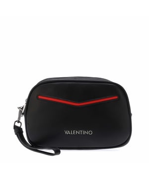 Valentino Toilettas in zwart.- Ritssluiting bovenaan.- Afneembare polsband.- Binnenzak met rits en vakjes.- Rode inzet.- Zwartkleurige hardware.- Valentino-logo.- Inclusief stofzak.- Ref: VBESHU538001