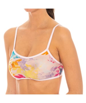 Calvin Klein bra. 
 Floral pink color 
 Top style 
 Signature mark on the ends, consecutively. 
 Thin and adjustable straps. 
 Clasp closure on the back, three positions. 
 Comfortable and breathable fabric. 
 Seams seen in tone. 

 Composition: 72% Nylon- 28% Elastane 

 Washing instructions: 
 - Wash maximum at 40ºC. 
 - Iron at medium temperature, max. 110 ° C. 
 - It does not allow to use dryer. 
 - Do not use bleach. 
 - Does not support washing in sec