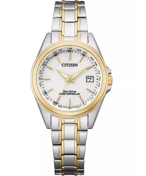 This Citizen  Analogue Watch for Women is the perfect timepiece to wear or to gift. It's Multicolour 29 mm Round case combined with the comfortable Multicolour Stainless steel watch band will ensure you enjoy this stunning timepiece without any compromise. Operated by a high quality Eco-Drive movement and water resistant to 10 bars, your watch will keep ticking. This high quality watch has an Eco-drive technology (Recharged by any light source; no need for ever a battery)  -The watch has a calendar function: Date, Solar Powered, Radio Controlled, Luminous Hands, Worldtime High quality 19 cm length and 12 mm width Multicolour Stainless steel strap with a Fold over with push button clasp Case diameter: 29 mm,case thickness: 8 mm, case colour: Multicolour and dial colour: Mother of pearl