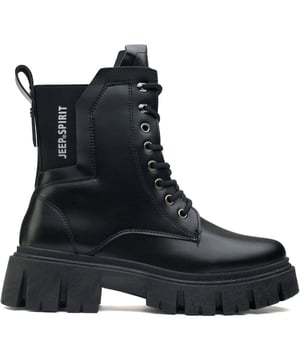 Elegantes, con estilo y resistentes, los botines Jeep Spirit Blaster Lace revolucionarán tu guardarropa. Estas atrevidas botas negras cuentan con un frente con cordones y ojales en tono bronce, un refuerzo elástico en la parte posterior para una comodidad fácil de poner y una presilla en el talón que las hace muy fáciles de poner. Elaboradas con una parte superior duradera y pulida y una suela de goma resistente, seguirán el ritmo de tu estilo de vida en movimiento y llamarán la atención con su estilo militar y de motociclista chic.