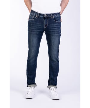 Slim-Fit-Jeans. Five-Pocket-Stil. In verwaschener Optik mit dicken Kontrastnähten. Reißverschluss und Knopf vorne.