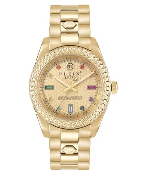 Dit Philipp Plein Dames horloge beschikt over een Quartz binnenwerk. De kast (36 mm mm) is vervaardigd uit RVS (Goudkleurig) en heeft een Mineraalglas. De band is Goudkleurig RVS. Dit horloge uit de Philipp Plein Queen reeks is een mooi en tijdloos geschenk. Verras jezelf of iemand anders met dit cadeau. Bovendien geniet u hierbij van 2 jaar garantie tegen alle fabricagefouten.