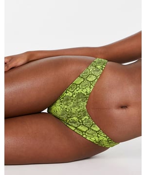 Snake print, hipster rise, v-front and brief cut.
