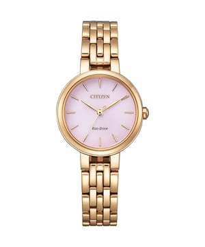 This Citizen  Analogue Watch for Women is the perfect timepiece to wear or to gift. It's Rose Gold 27 mm Round case combined with the comfortable Rose Gold Stainless steel watch band will ensure you enjoy this stunning timepiece without any compromise. Operated by a high quality Eco-Drive movement and water resistant to 5 bars, your watch will keep ticking. This Analogue watch is suitable for every occasion,whether you are at work, leisure or at the banquet and so on- The watch has a  function: , Solar Powered High quality 19 cm length and 12 mm width Rose Gold Stainless steel strap with a Sapphire glass Case diameter: 27 mm,case thickness: 7 mm, case colour: Rose Gold and dial colour: Pink