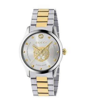 Brand: GUCCIWater Resistant: 50 MetersRecipient: UnisexMovement: QuartzCase Material: Stainless SteelDial Colour: SilverStrap Material: Stainless Steel & PVD Yellow GoldDiameter: 38mmBrand Collections: G-Timeless