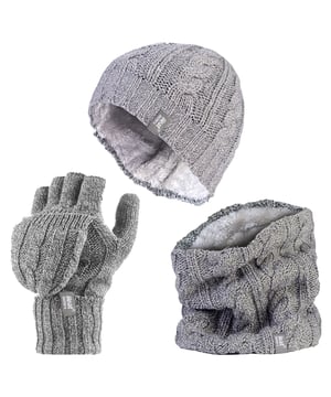This ladies chunky cable set is knitted in an attractive, soft marl two-coloured twist yarn with a ribbed hem and incorporates the latest Heatweaver thermal lining, a luxurious, plush fur-like insulating fabric, that maximises the amount of warm air held close to the skin. It also feels so soft and silky, They are bliss to pull on when the weather turns colder! Protective Cuff - Improves fit and provides a protective sleeve that hugs the wrist for extra warmth and comfort. Heat Holders Converter Mitt - 2.3 tog Heat Holders' versatile converter mitt can simply fold over the fingers to create a warm and cosy mitten. Heat Holders Hat - 3.4 Tog rating - the tog rating is a measurement for the thermal ability of a garment Neck Warmer - Simply slip over the head with Heatweaver thermal lining, 3.5 tog