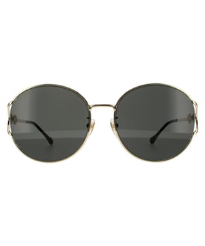 Gucci zonnebrillen GG1017SK 001 Gold Gray zijn een ongelooflijk glamoureus randloos ronde frame. De verstelbare neuskussens en plastic tempeltips zorgen voor een comfortabele de hele dag fit. De tempels geven het Gucci -logo voor merkherkenning
