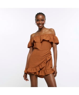 Textured fabric, Frill detail, Asymmetric hem, Bardot neckline, Short sleeves, Elasticated waist, Our model wears a UK 8 and is 175cm/5'9'' tall