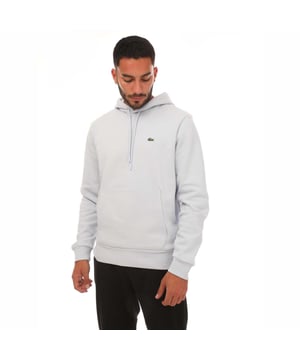 Mens Lacoste Fleece Hoody in light blue.- Hood with drawcord.- Kangaroo pocket.- Green crocodile on the chest.- Ribbed cuffs and hem.- Brushed fleece fabric.- Classic fit.- 84% Cotton  16% Polyester.- Ref: SH9623J2G