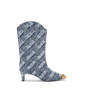 This Kurt Geiger Regent Crystal Boot is crafted from a blue denim fabric which is bleached into a woven effect. There are crystal studs across the upper and an antiqued brass toe cap with eagle head. Heel height: 6.5cm.