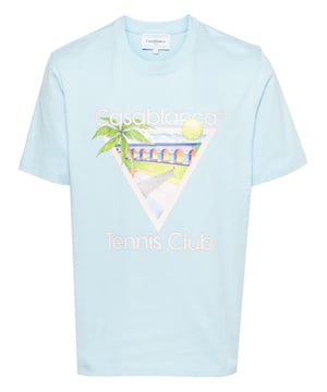 Casablanca's graphics often depict a fantastical world of sporty utopian scenes. The illustrative print on this organic cotton T-shirt portrays a Mexican-inspired landscape with a tennis court in the middle.