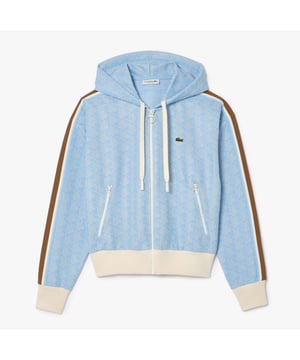 Dames Lacoste Jacquard Monogram Zip Hoodie - Verstelbare capuchon - Regular fit recht model - Ritssluiting - Geribde boorden - Geborduurde krokodil op borst- Hoofdstof: 58% Polyester 38% Katoen 4% Polyamide.  Rib: 100% Katoen.  Voering zakken: 100% Katoen.  Machinewasbaar - Ref: SF7606-WB5