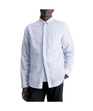 Mens Calvin Klein Regular-Fit Linen Cotton Shirt in blue.- Pointed collar.- Long sleeves with buttoned cuffs.- Concealed button fastening.- Patch chest pocket with Calvin Klein tonal monogram.- Regular fit.- Ref: K10K108664C3N
