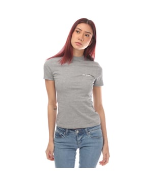 Womens Off White Helvetica Fitted T-Shirt in melange grey - white- Ribbed crew neck.- Short sleeves.- Off-White logo embroidered at left chest.- Slim fit.- Main material: 100% Cotton.  Rib: 100% Cotton.  Embroidery: 100% Polyester.  Machine washable.- Ref: OWAA0650040801