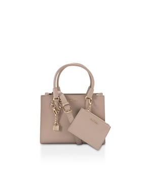 The Carvela Mini Latte crossbody bag arrives in taupe with two top handles or optional cross body strap. There is a gold tone branded metal lock charm as well as optional zipped pouch. Dimensions: 19cm (H), 25cm (L), 8cm (D). Strap drop cross body: 130cm. Top handle drop: 33cm.