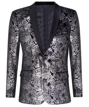 Strak, strak en verfijnd: zie er goed uit met deze premium fluwelen blazer. Afgewerkt in prachtig zilver paisley met contrasterende zwarte satijnen piekrevers & Bijpassende satijnen knopen met een klassieke retro zwart satijnen ronde sjaalrevers.* Perfect smoking-dinerjasje om echt op te vallen in de massa, ideaal voor alle formele gelegenheden zoals bruiloften, proms, feesten en evenementen. Black Tie Events.Getailleerde pasvorm (tussen slim en regular fit), nog veel meer stijlen & Kleuren beschikbaar in de winkel!