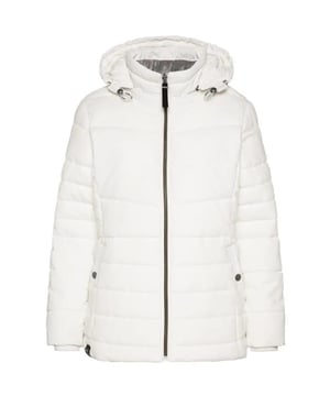 Deze gewatteerde jas voor dames is de ideale metgezel voor de winter. Hij is warm gevoerd en kan op verschillende manieren worden gecombineerd. De comfortabele snit creëert een vrouwelijk silhouet en is uiterst comfortabel om te dragen. De pluizige teddyvoering in de opstaande kraag en in het bovenste deel van de romp zorgt voor een behaaglijk gevoel. De jas kan worden gesloten met een rits. De capuchon kan met een trekkoord worden versteld of indien nodig worden verwijderd. Een opstaande kraag biedt extra bescherming tegen kou en wind. De mouwen zijn afgewerkt met geribde boorden om te voorkomen dat de kou binnendringt. De twee zijzakken met drukknopen zijn ideaal om kleine spullen in op te bergen of je handen warm te houden. Labelopdrukken op de capuchon en mouwen ronden het ontwerp af. Een stijlvolle winterlook is gegarandeerd met deze jas.