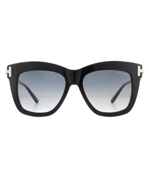 Tom Ford Zonnebril DASHA FT0822 01B Glanzende zwarte rookgradiënt zijn zachte vierhoekige zuurglas van acetaatstijl die wordt gekenmerkt door de grote Temple-decoratie.