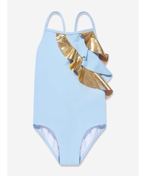 Nessi Byrd embody modern properties in their beautiful luxury resortwear. This girls Gina frill bikini set is reflective of the New York label's passion for vibrant aesthetics with an innovative twist. Crafted in a crisscross design with golden metallic ruffles reminiscent of Egyptian iconography.Elasticated 80% Polyamide 20% Elastane