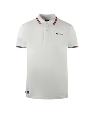 Aquascutum Twin Tipped Collar Brand Logo White Polo Shirt. Make a statement with the Aquascutum London White Polo Shirt. Featuring the brand's signature logo, this shirt embodies sophistication and luxury. Perfect for any occasion, this shirt is a must-have for those who appreciate quality and style. Elevate your wardrobe with this iconic piece.. Signature Logo, Twin Tipped Collar Polo, Short Sleeves. 100% Cotton, Button Closure. Regular Fit, Fits True To Size. Style Code: PO002 01