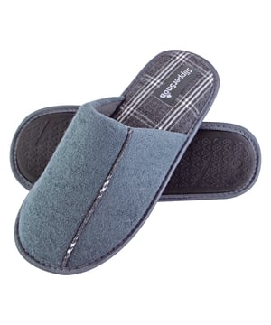 Relax your feet in these super soft and lightly cushioned mule slippers for men. Whether you're working from home, or lounging around indoors, these mule slippers are soft to the touch! Why not treat a loved one, or yourself, to these comfortable and warm mule slippers? They feature a light cushioned sole to help alleviate any pressure and fatigued feeling you may experience in your heels. The insole has a chequered pattern for a trendy look which will match any pair of socks and casual lounge wear! Made from indoor use, these mule slippers have a non-slip hard wearing sole to prevent any slipping or sliding on tiled or wooden flooring. If you're looking to make a fashion statement, these slippers feature a trim on top and around the slipper. With a convenient hands-free slip-on style, these slippers have a spacious opening back design, making them easy to slip on and off. These slippers are available in colours Navy and Grey. They come in mens sizes 7-12 UK, 41-46 EU, 8-13 US.